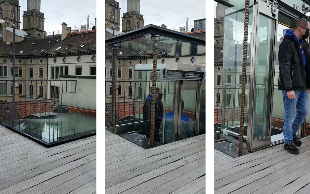 Terrassenlift aus Glas in drei ausgefahrenen Positionen